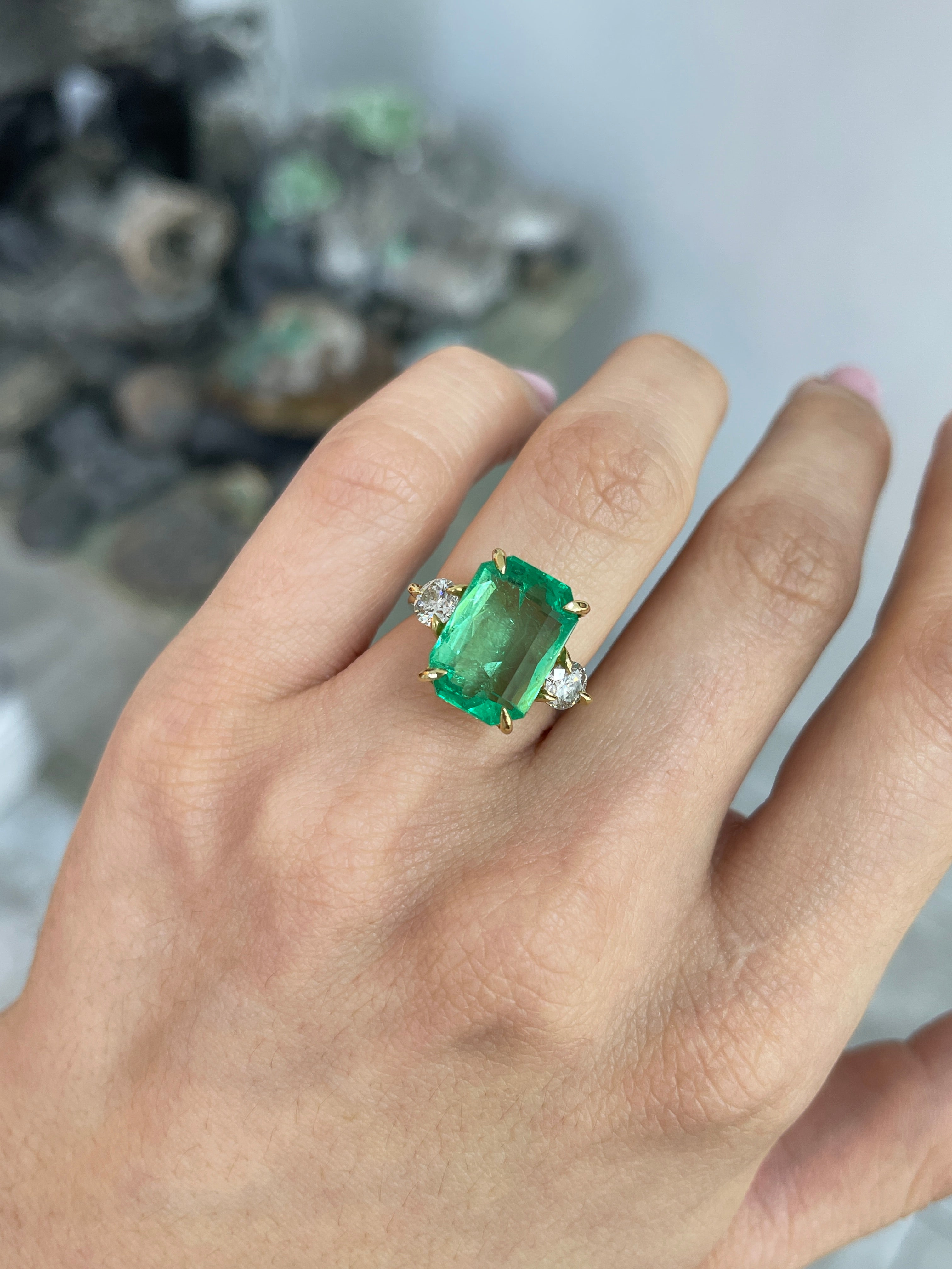 8.92tcw 18K Transparent Vivid Medium Green Emerald Cut Diamond 3 Stone Ring - JR Colombian Emeralds