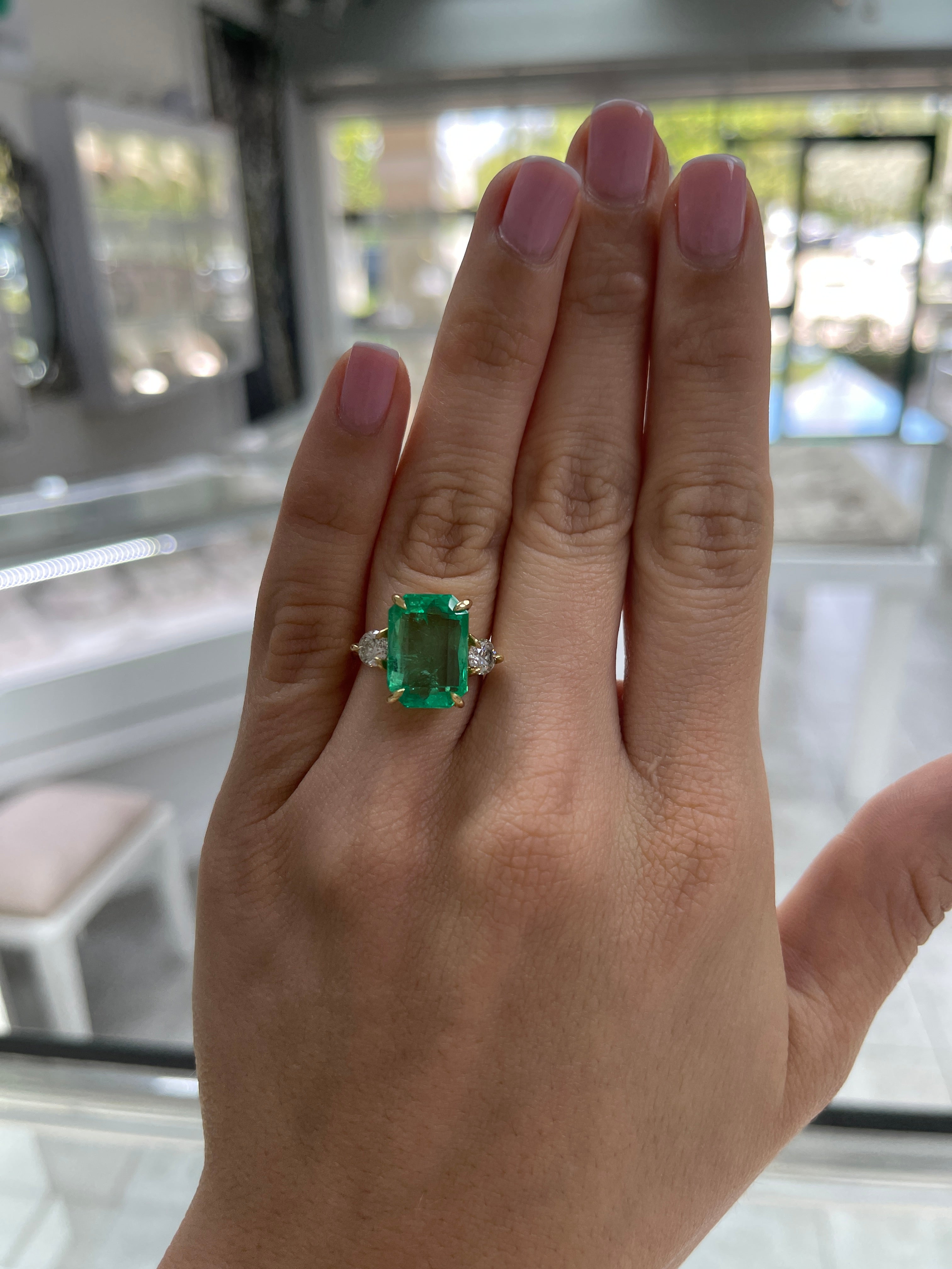 8.92tcw 18K Transparent Vivid Medium Green Emerald Cut Diamond 3 Stone Ring - JR Colombian Emeralds