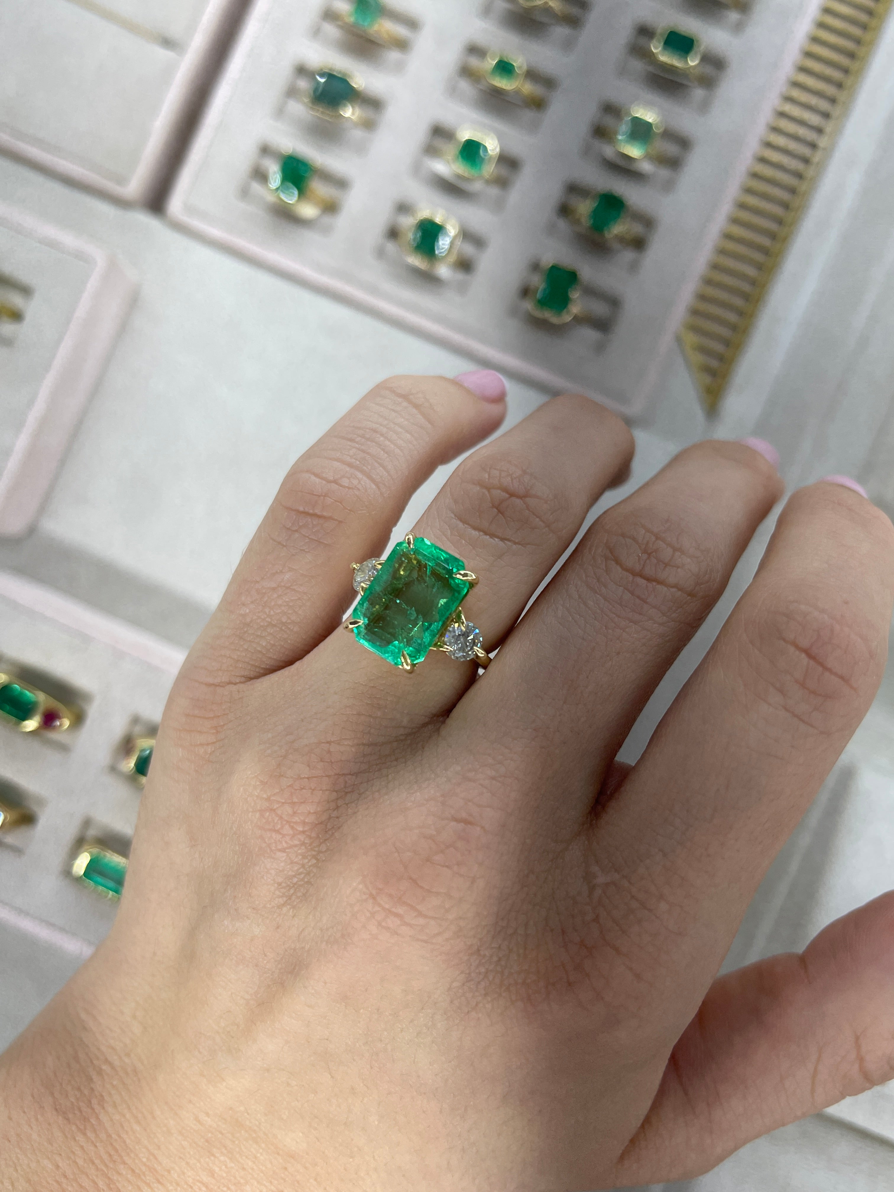 8.92tcw 18K Transparent Vivid Medium Green Emerald Cut Diamond 3 Stone Ring - JR Colombian Emeralds