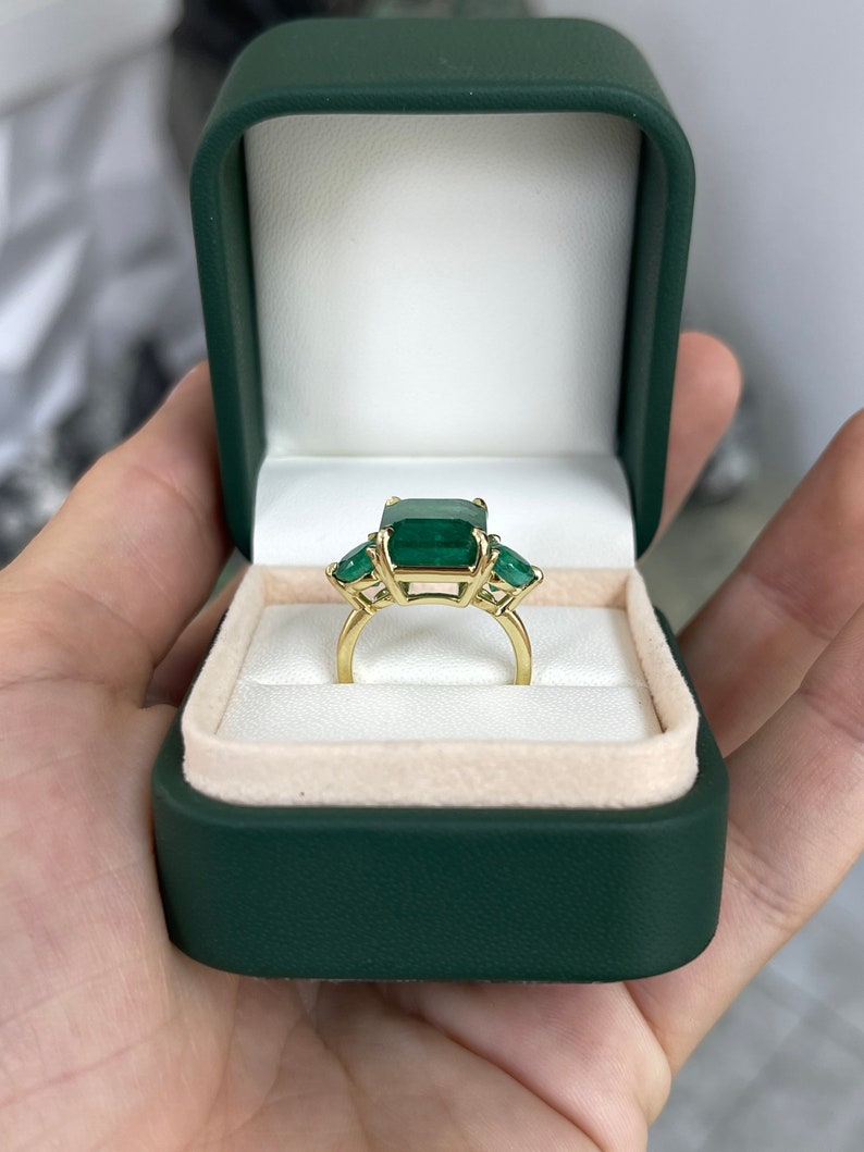 9.21tcw Large Dark Vibrant Green Emerald Trilogy Engagement Ring 18K Yellow Gold - JR Colombian Emeralds