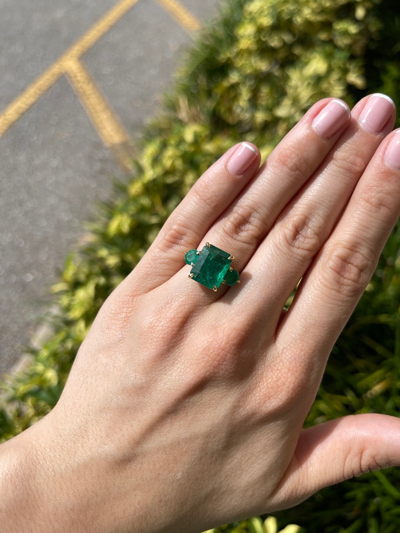 9.21tcw Large Dark Vibrant Green Emerald Trilogy Engagement Ring 18K Yellow Gold - JR Colombian Emeralds
