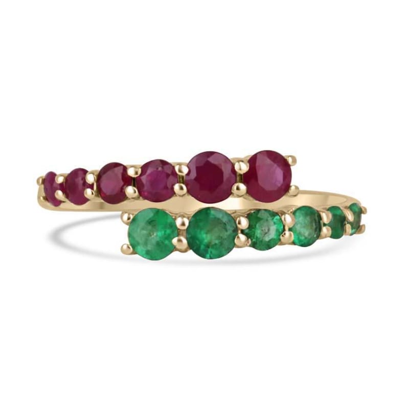 14K Gold Bypass Ring featuring 0.95tcw Natural Emerald and Ruby for Petite Stacking