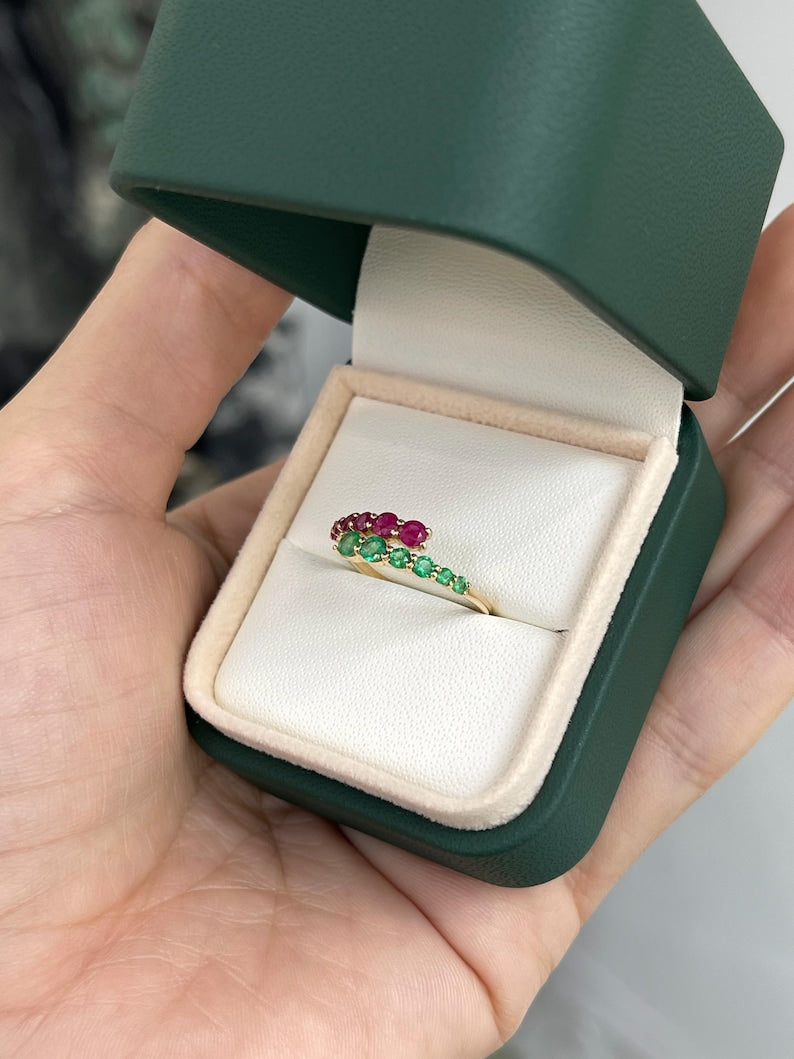 0.95tcw 14K Gold Bypass Ring with Natural Emerald & Ruby Petite Stacking Ring - JR Colombian Emeralds