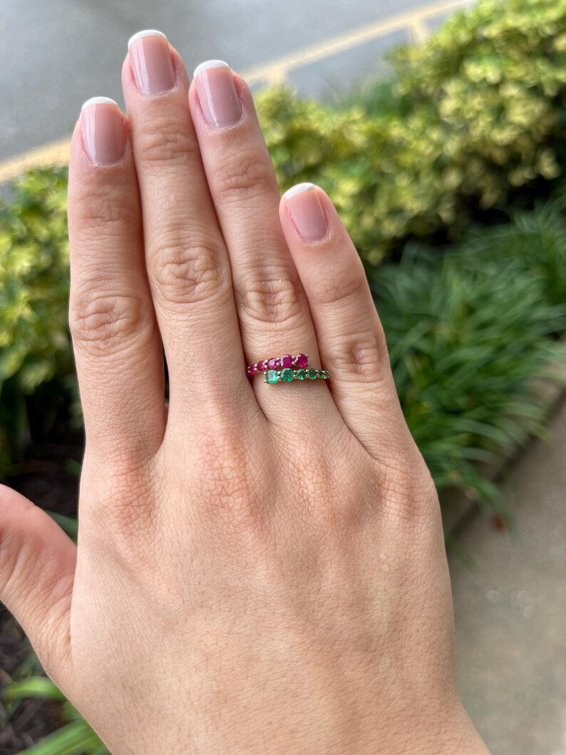 0.95tcw 14K Gold Bypass Ring with Natural Emerald & Ruby Petite Stacking Ring - JR Colombian Emeralds