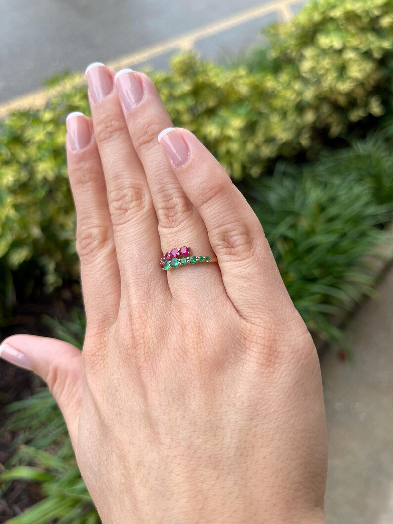 0.95tcw 14K Gold Bypass Ring with Natural Emerald & Ruby Petite Stacking Ring - JR Colombian Emeralds
