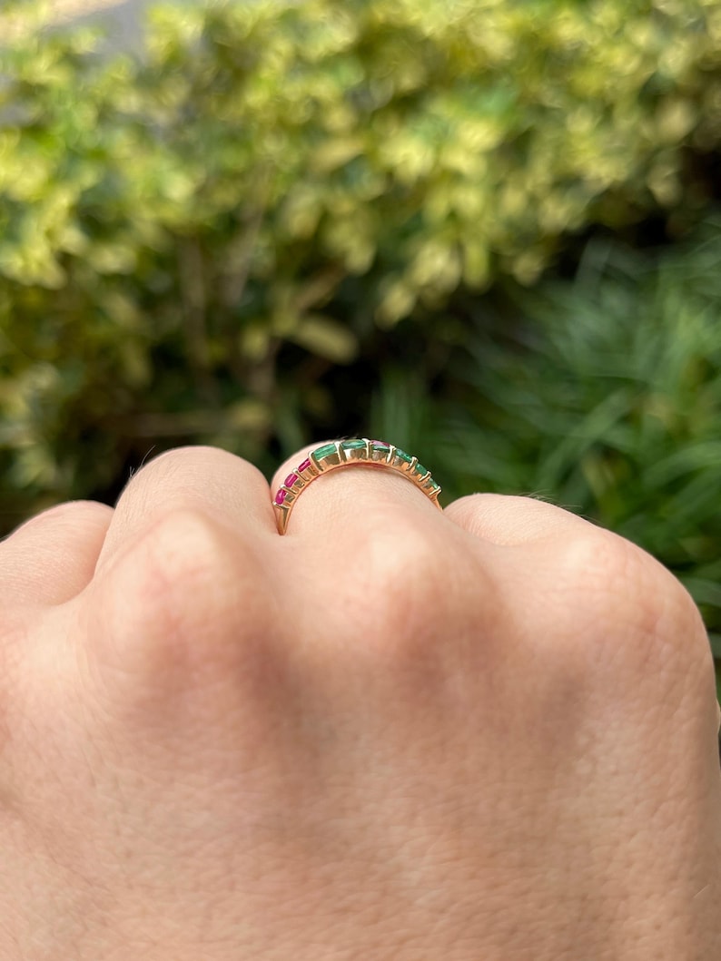 0.95tcw 14K Gold Bypass Ring with Natural Emerald & Ruby Petite Stacking Ring - JR Colombian Emeralds