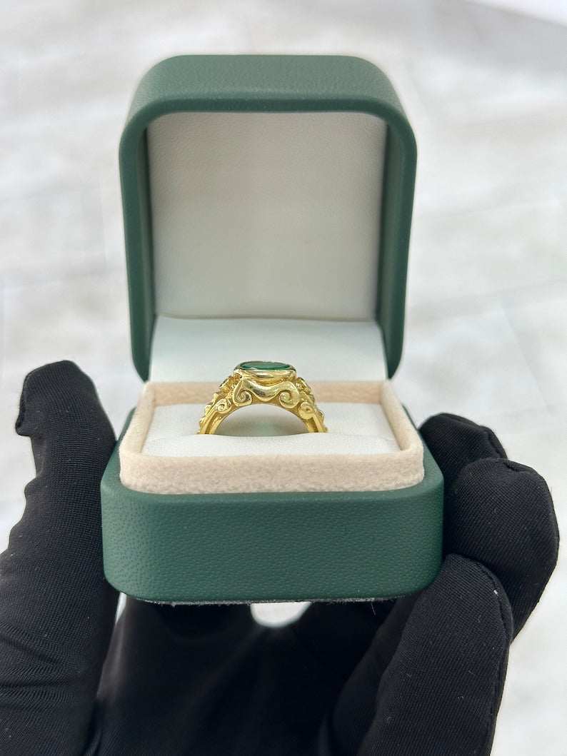 1.05tcw 18K Antique Natural Rich Green Emerald & Brilliant Round Diamond 3 Stone Ring 750 Gold