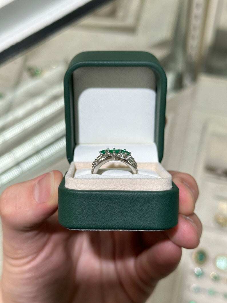 Ladies emerald ring with 1.20 tcw natural emeralds, diamond accents, princess cut stones, 14K gold pave shank by Colombian Emerald
