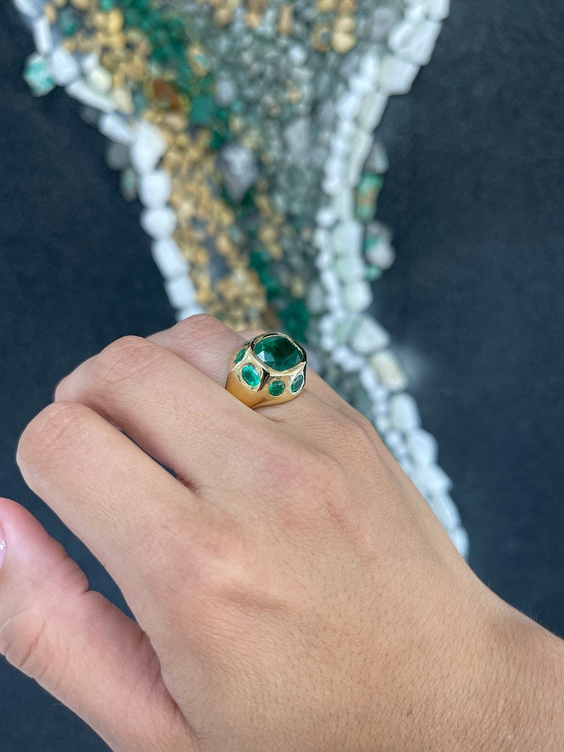 11.61tcw 18K Gold Cushion Oval Cut Natural Multi-Emerald Gypsy Statement 9 Stone Ring - JR Colombian Emeralds
