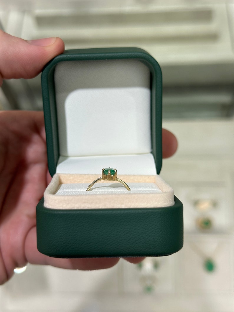 14K Colombian emerald solitaire ring with four-prong north-south setting, petite accent design for ladies, natural gemstone jewelry
