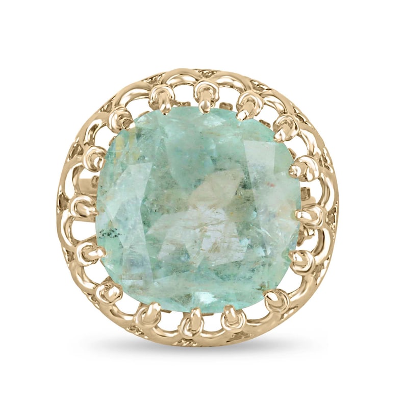 Large 16.75ct pale green cushion cut emerald lady's ring in 14K gold, vintage-inspired Colombian Emerald brand.
