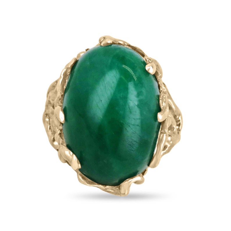 Unisex 19ct 14K gold oval cut emerald solitaire ring with intricate design and prong setting, featuring Colombian emerald gemstone.