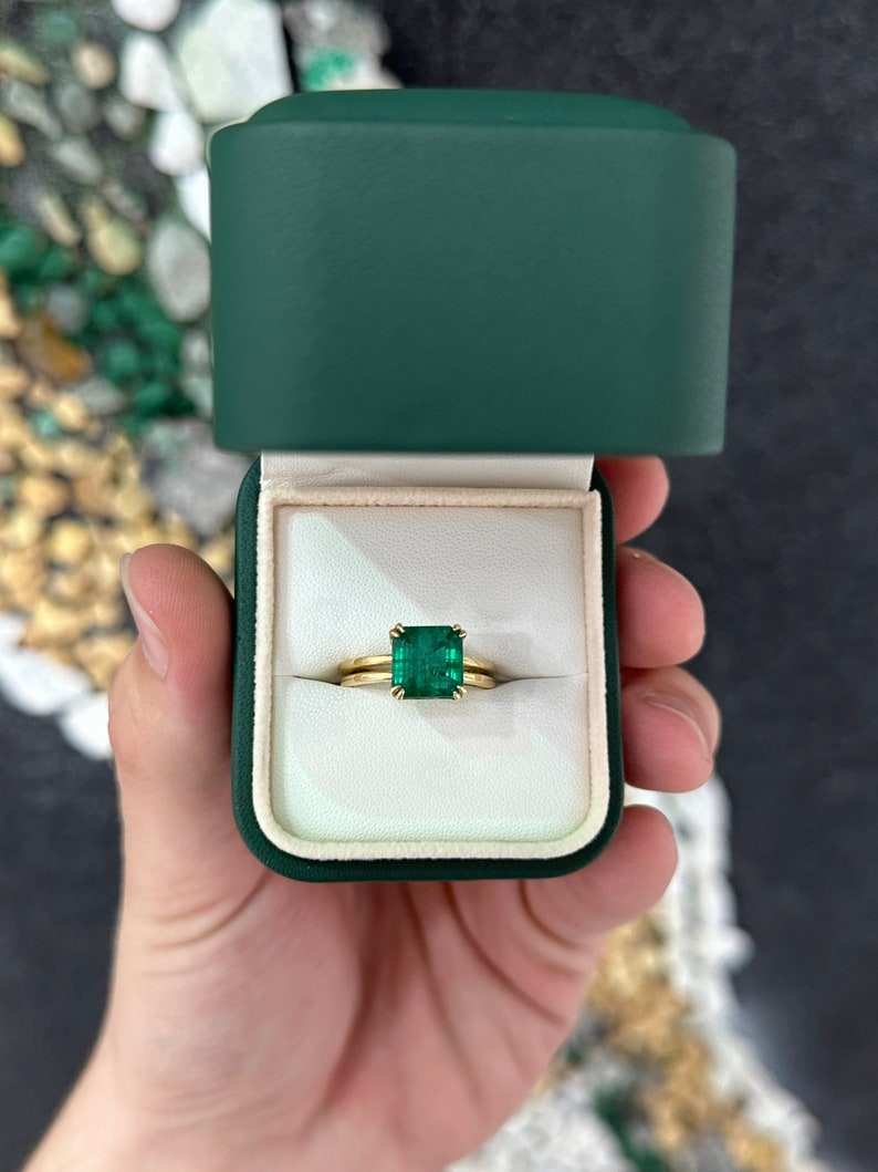 4.20ct 18K AAA Quality Asscher Cut Double Claw Prong Emerald Solitaire