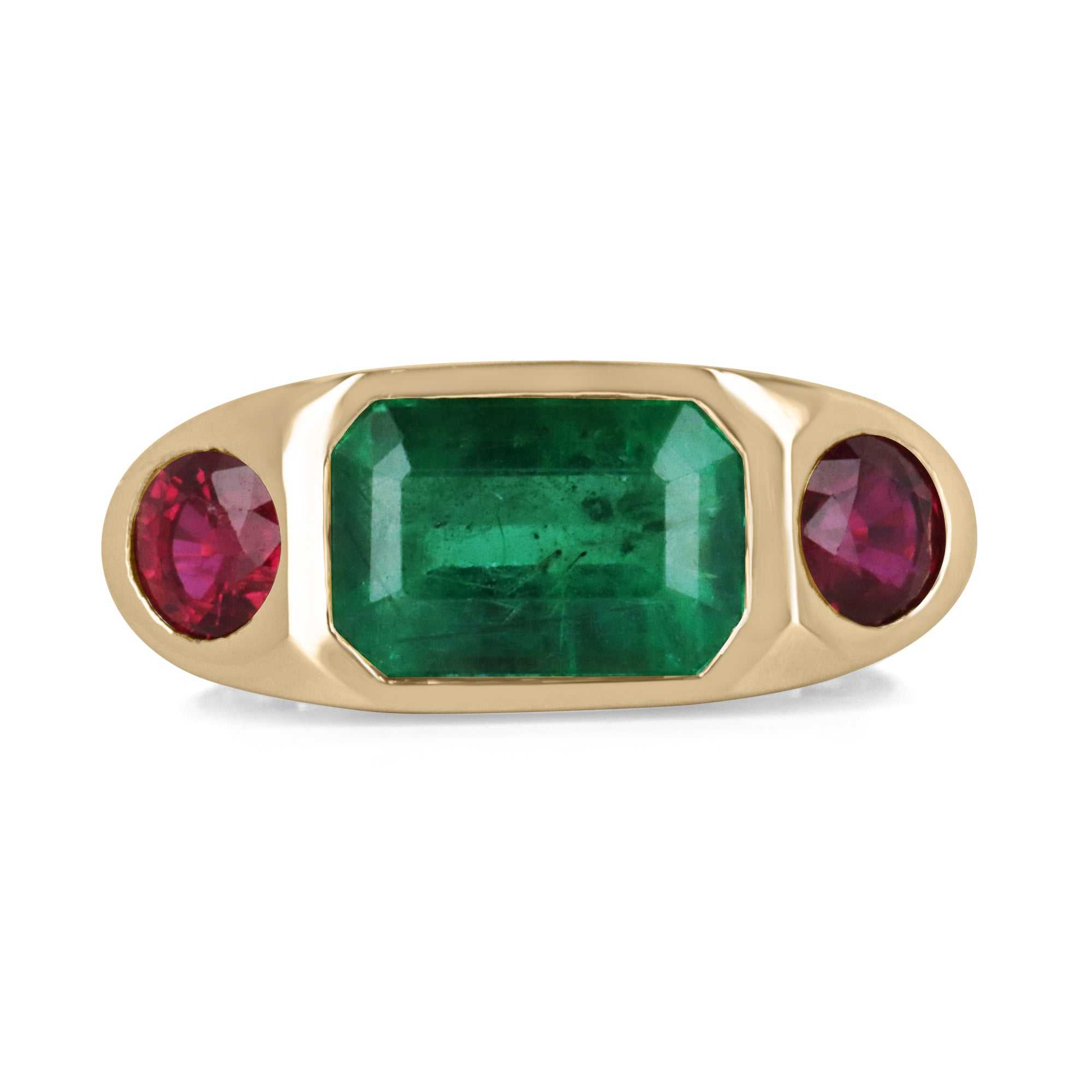 4.83tcw 18K yellow gold three-stone emerald and ruby gypsy bezel ring