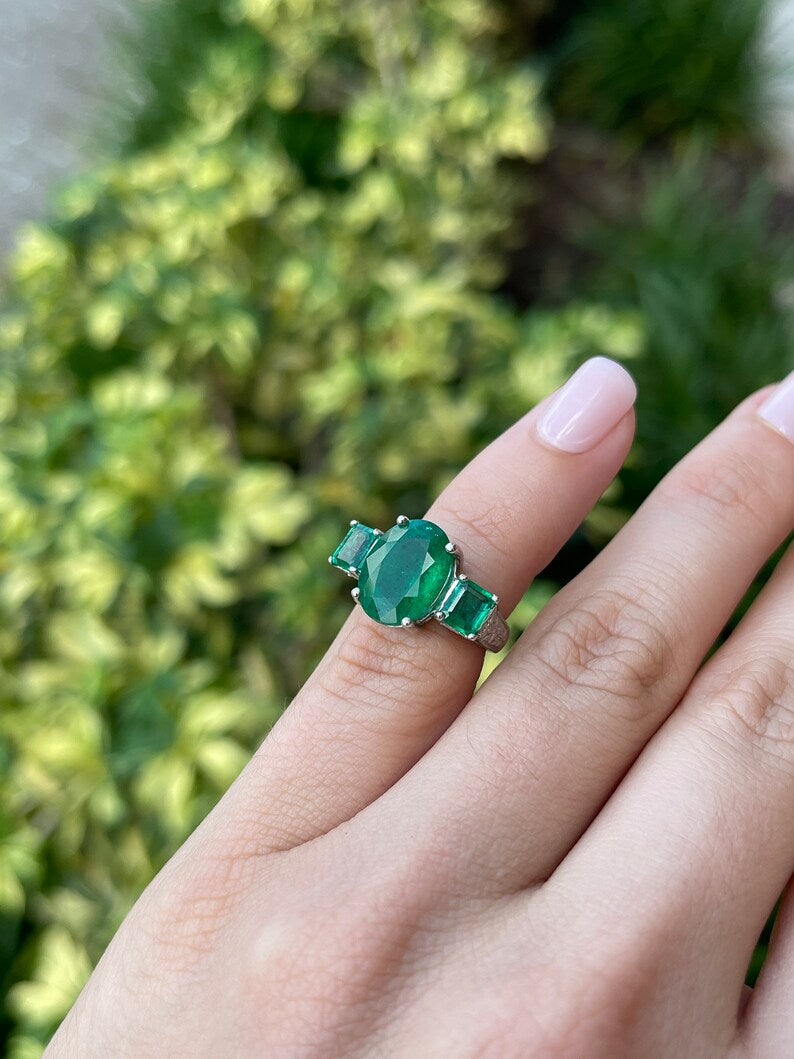 6.07tcw 14K Gold Natural Oval Cut Dark Green Emerald Trilogy 3 Stone Diamond Ring - JR Colombian Emeralds