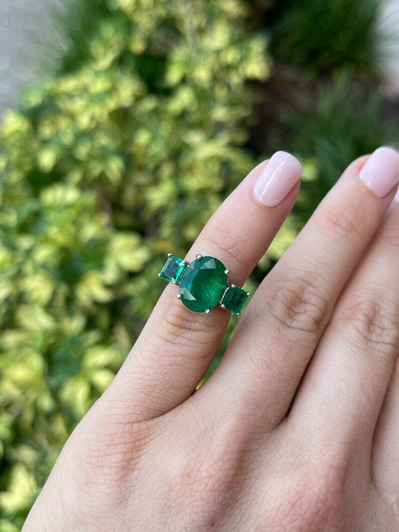6.07tcw 14K Gold Natural Oval Cut Dark Green Emerald Trilogy 3 Stone Diamond Ring - JR Colombian Emeralds