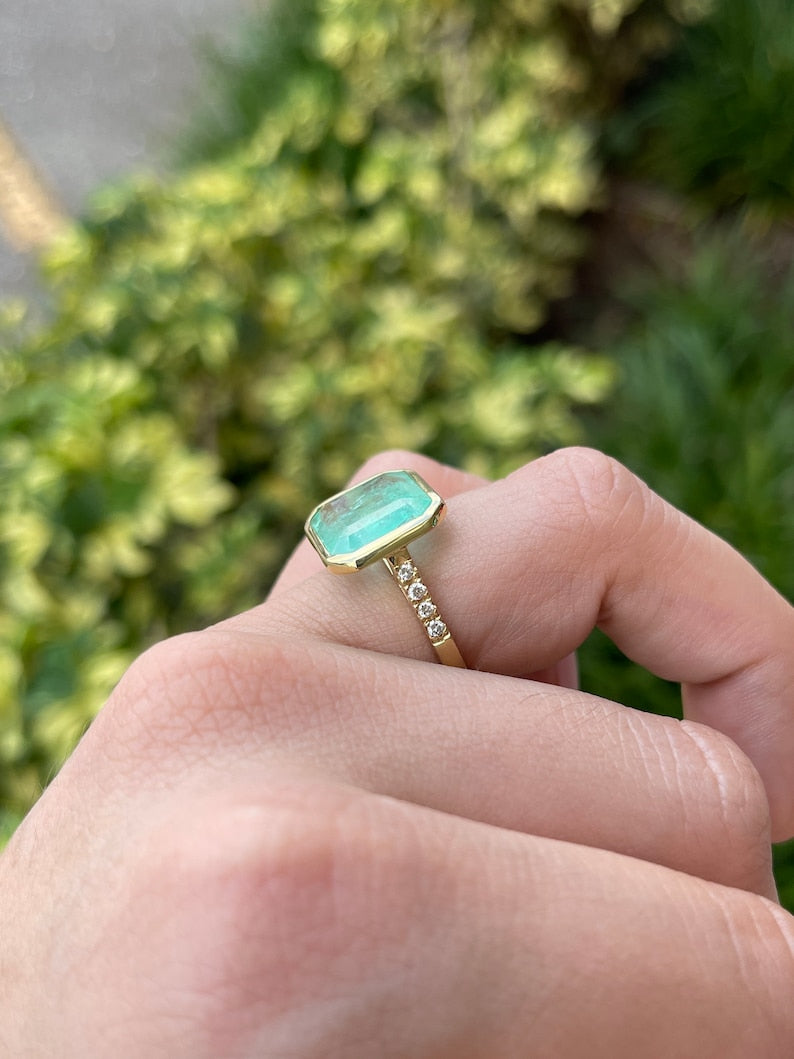 8.04tcw 18K Gold Spring Large Light Green Brilliant Round Cut Emerald Diamond Shank Accent Ring - JR Colombian Emeralds