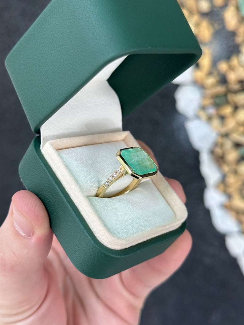 8.04tcw 18K Gold Spring Large Light Green Brilliant Round Cut Emerald Diamond Shank Accent Ring - JR Colombian Emeralds