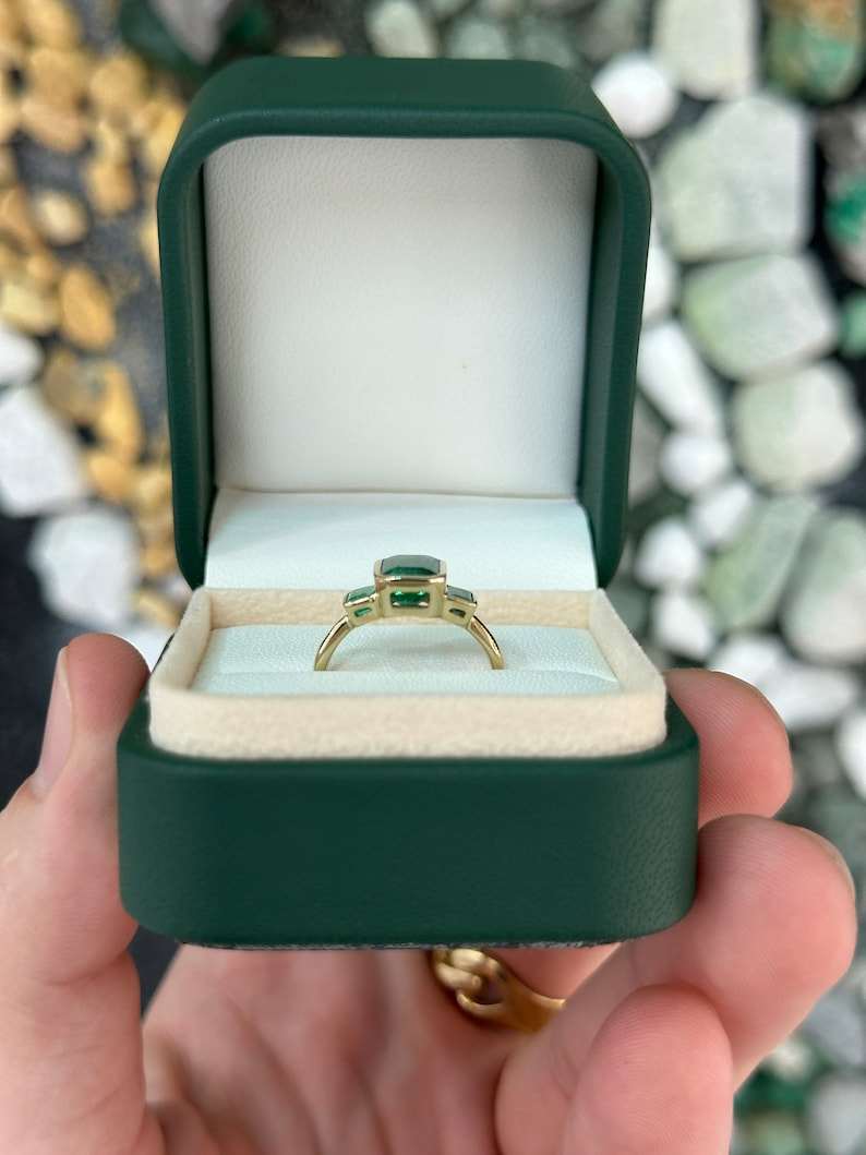 2.30tcw Natural Emerald Cut Trilogy Lush Dark Green 3 Stone Gold Ring