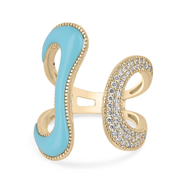 Ladies 14K gold ring with 0.40tcw pave diamonds and irregular turquoise stone, open statement design by Colombian Emerald