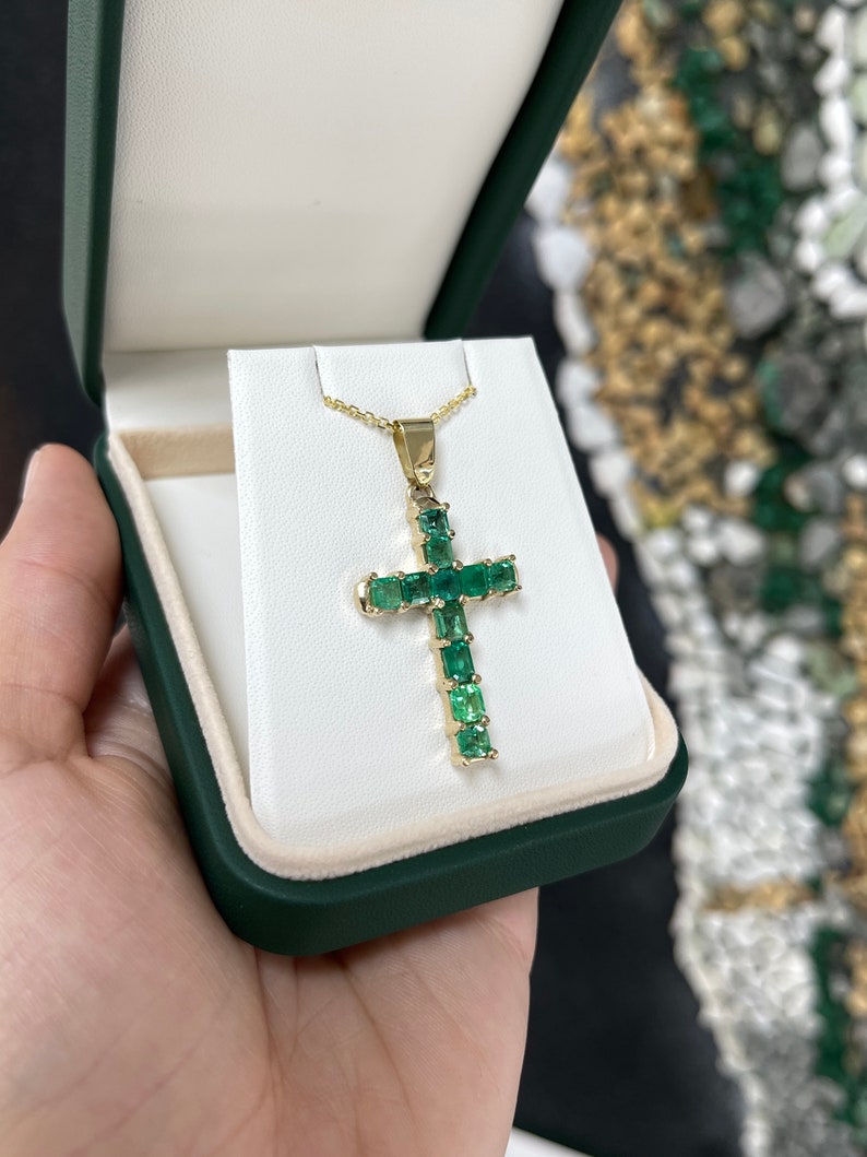 5.0tcw 14K Medium Dark Green Emerald Cut Asscher 11 Stone Unisex Cross Pendant in Gold - JR Colombian Emeralds