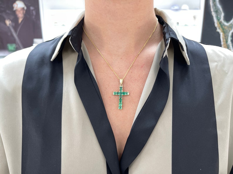 5.0tcw 14K Medium Dark Green Emerald Cut Asscher 11 Stone Unisex Cross Pendant in Gold - JR Colombian Emeralds