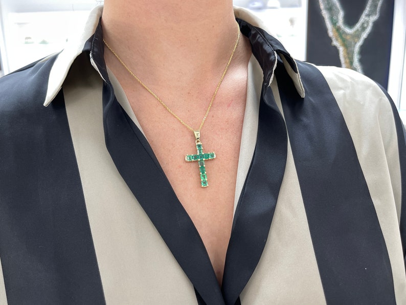 5.0tcw 14K Medium Dark Green Emerald Cut Asscher 11 Stone Unisex Cross Pendant in Gold - JR Colombian Emeralds
