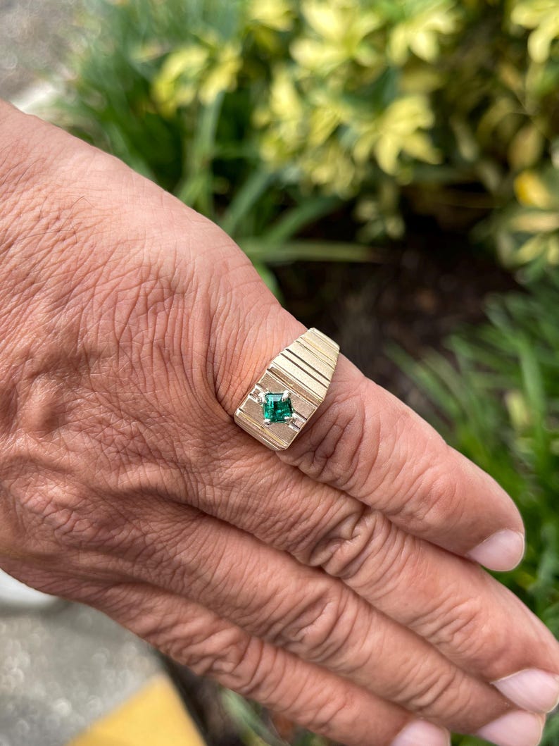 0.60ct 14K Emerald Cut Rich Green Solitaire Offset Mens Pinky Ring - JR Colombian Emeralds