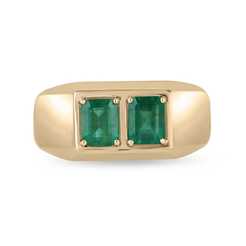 14K gold men's ring with double emerald duo bezel setting, featuring chunky unisex design and Colombian emeralds.