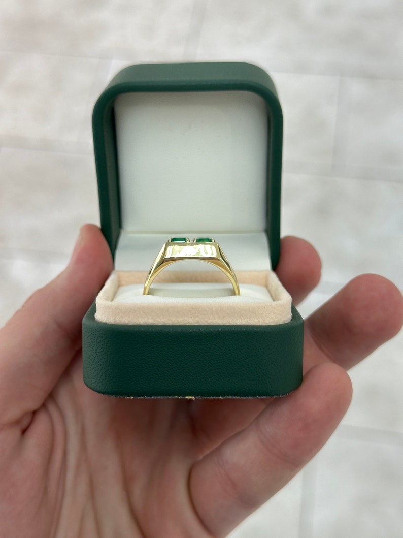14K gold men's unisex ring with double emerald duo bezel setting, featuring 2.03tcw Colombian emeralds and chunky design