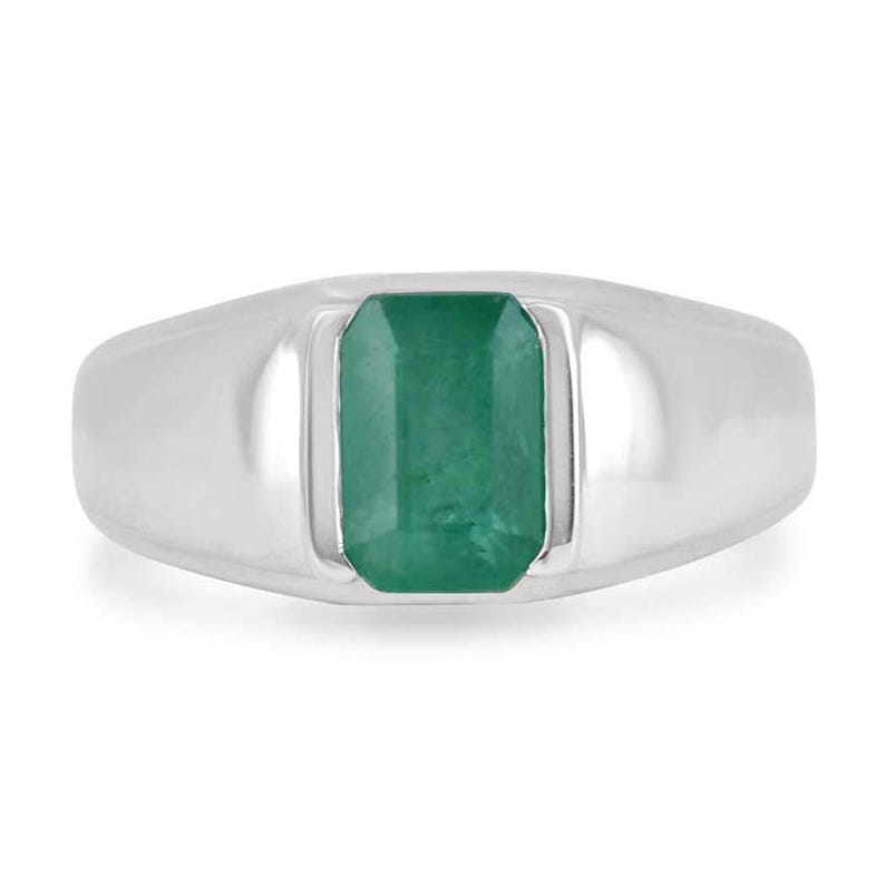 Silver men's ring with 2.75-carat natural emerald cut emerald in half bezel channel setting, Colombian Emerald brand.