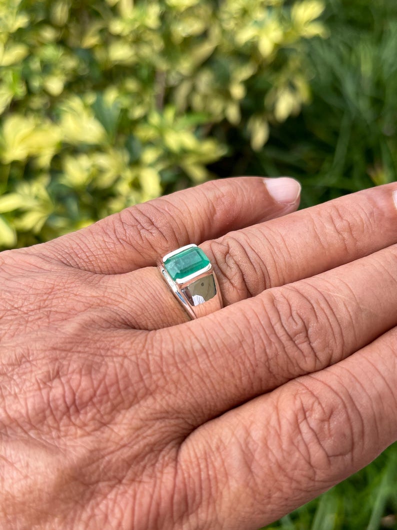 2.75ct Natural Emerald Cut Half Bezel Channel Solitaire Men's Ring Silver 925 - JR Colombian Emeralds