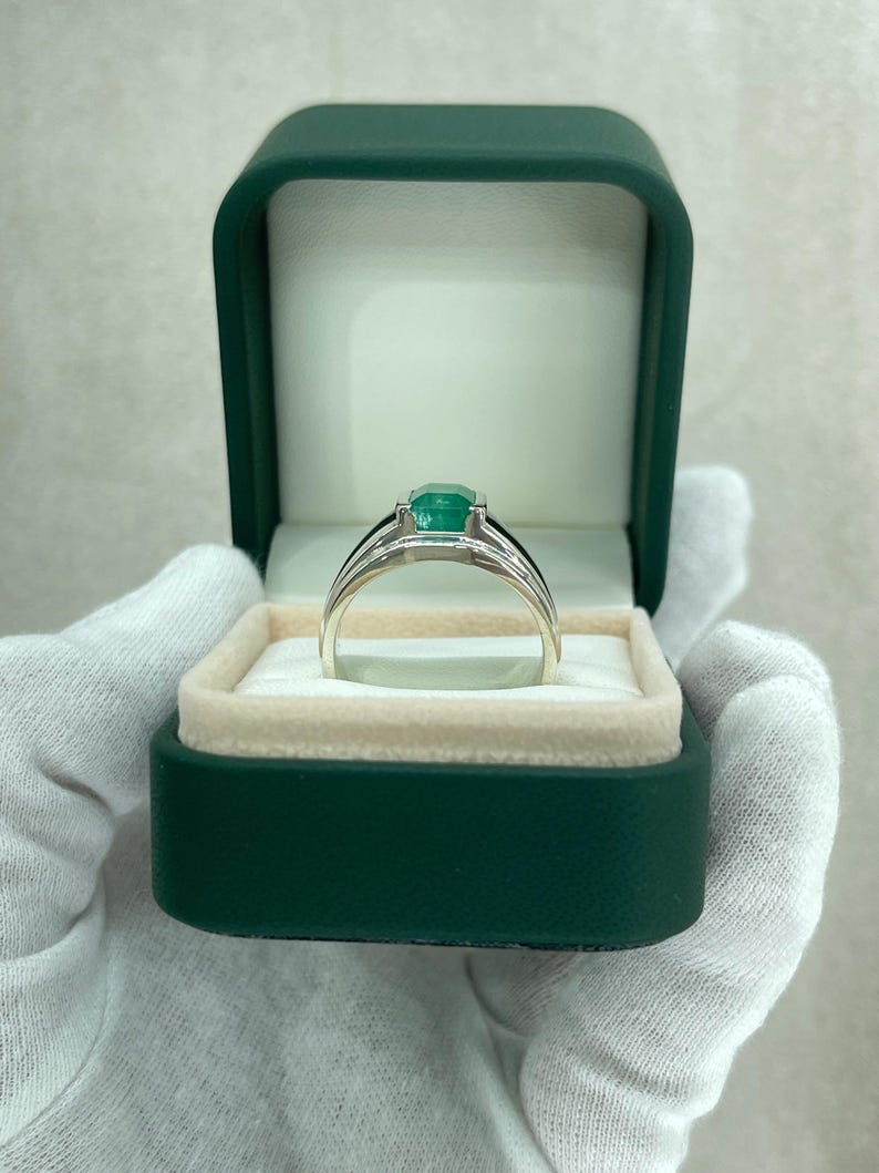Men's silver 925 ring with 2.75 carat natural emerald cut emerald, half bezel channel solitaire by Colombian Emerald