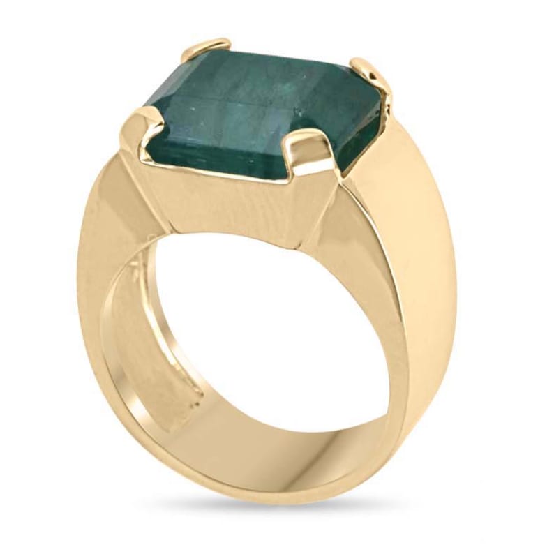 Colombian Emerald men's wide band solitaire ring with 10.04ct emerald cut pink gemstone in 14K gold, unisex pinky ring.