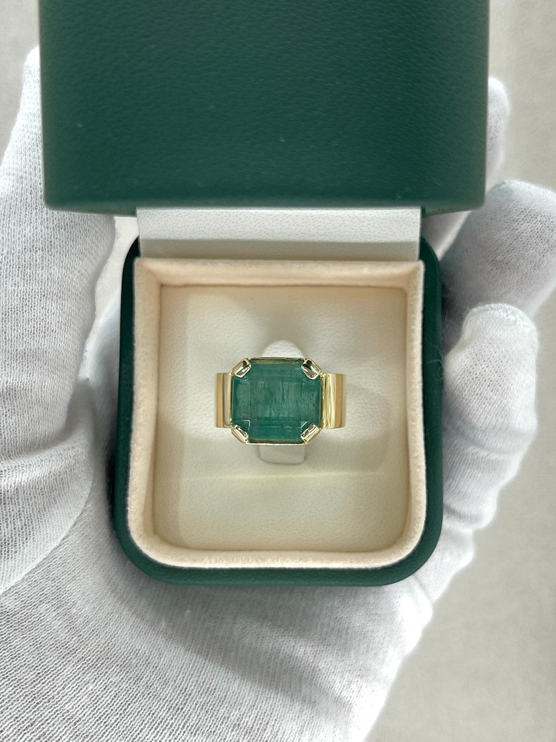 Men's emerald cut solitaire ring with 10.04 carats in 14K gold, wide band, unisex pinky ring by Colombian Emerald.