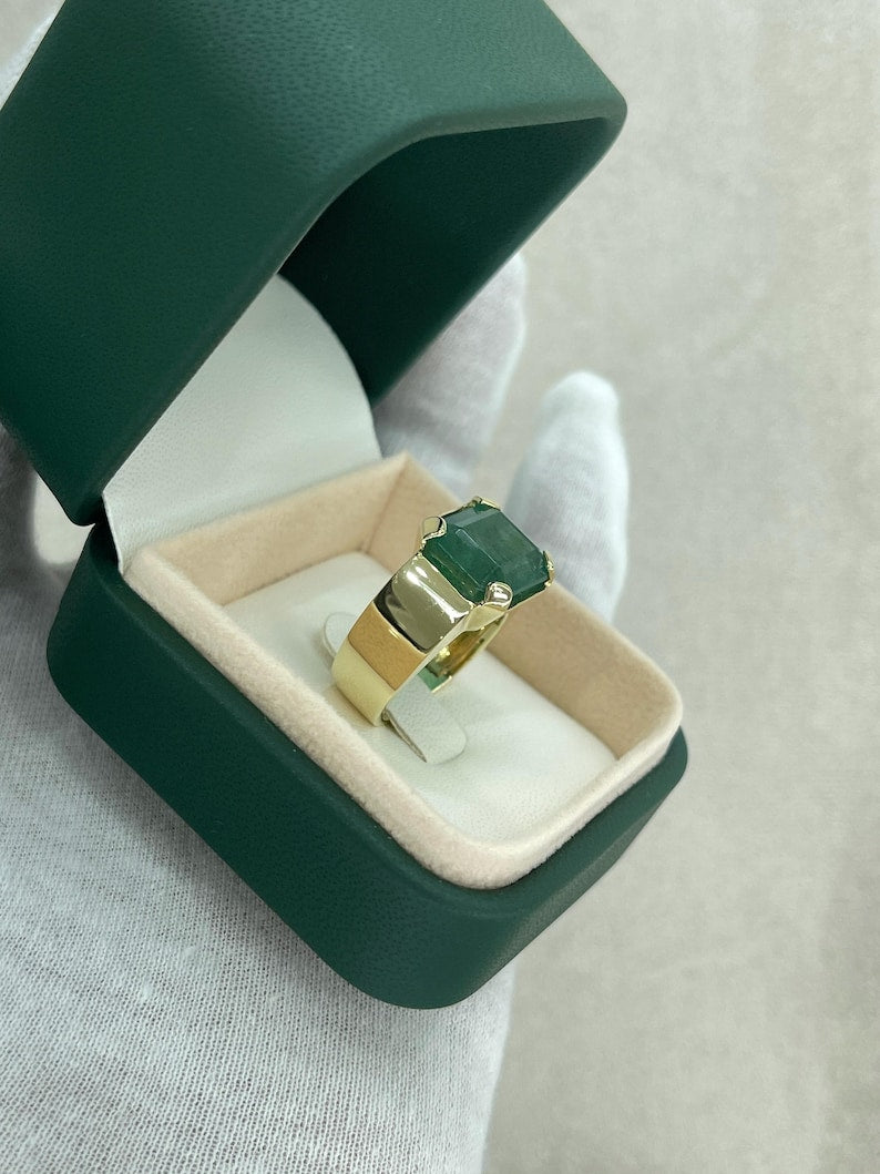 BIG 10.04ct Emerald Cut Men's Solitaire Ring 14K Gold Wide Band Unisex Pinky Ring - JR Colombian Emeralds