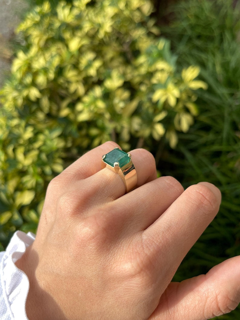 BIG 10.04ct Emerald Cut Men's Solitaire Ring 14K Gold Wide Band Unisex Pinky Ring - JR Colombian Emeralds