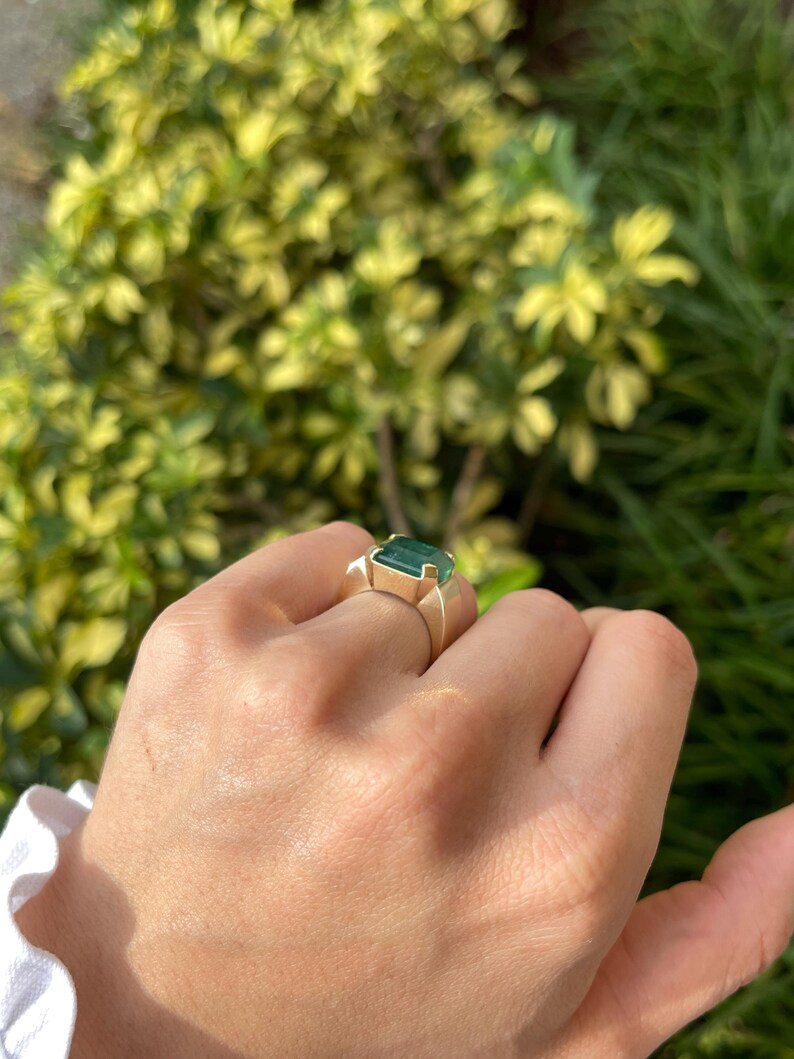 Colombian Emerald men's solitaire ring with 10.04ct emerald cut pinky ring in 14K gold, wide band, unisex jewelry.