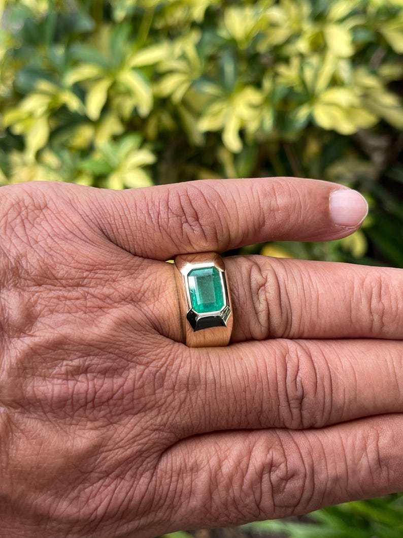 4.40ct Dark Green Emerald Heavy Men's Solitaire Bezel Class Ring 14K Gold - JR Colombian Emeralds