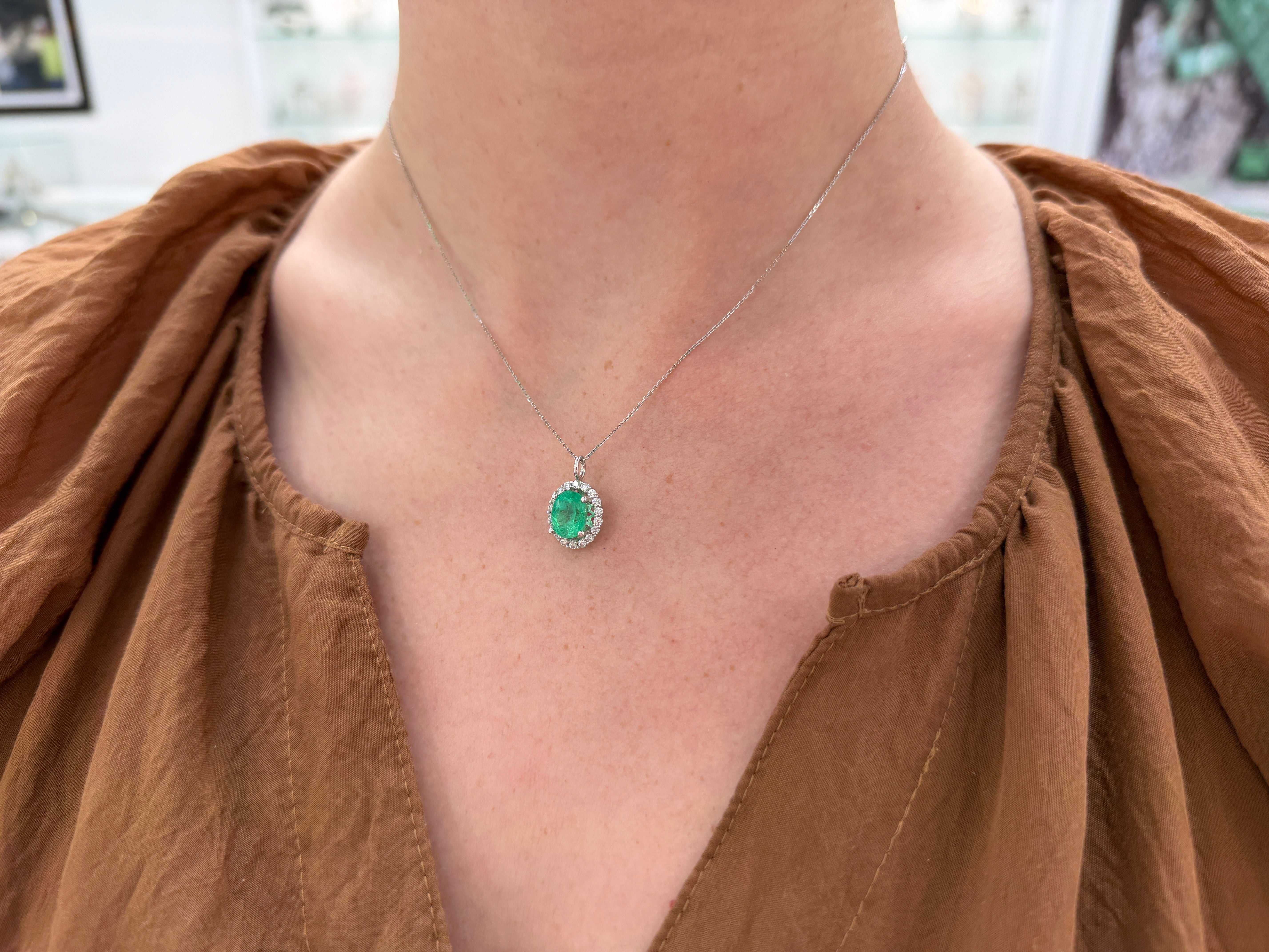 3.25tcw 14K Vivacious Spring Green Emerald-Oval Cut & Diamond Halo Gold Pendant Necklace - JR Colombian Emeralds