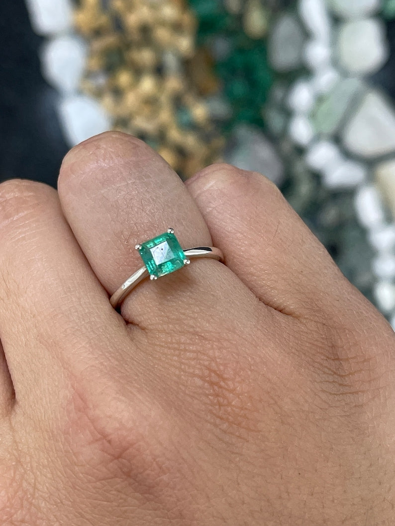 1.30ct Natural Spring Green Asscher Cut Emerald Solitaire Sterling Silver Woman's Ring - JR Colombian Emeralds