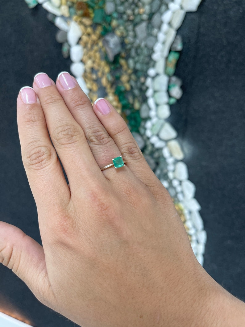 1.30ct Natural Spring Green Asscher Cut Emerald Solitaire Sterling Silver Woman's Ring - JR Colombian Emeralds