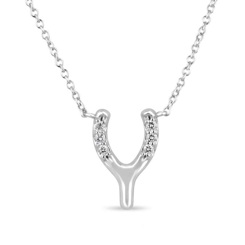 14K gold Y-shaped horse shoe diamond pendant necklace with white gold finish, featuring 0.10tcw diamonds from Colombian Emerald.