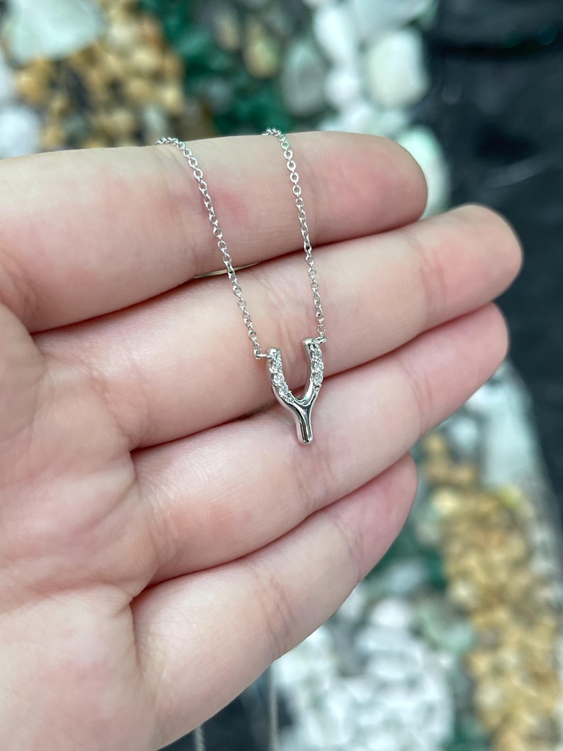 14K white gold Y-shaped horse shoe diamond pendant necklace with 0.10ctw diamonds from Colombian Emerald, elegant jewelry piece.