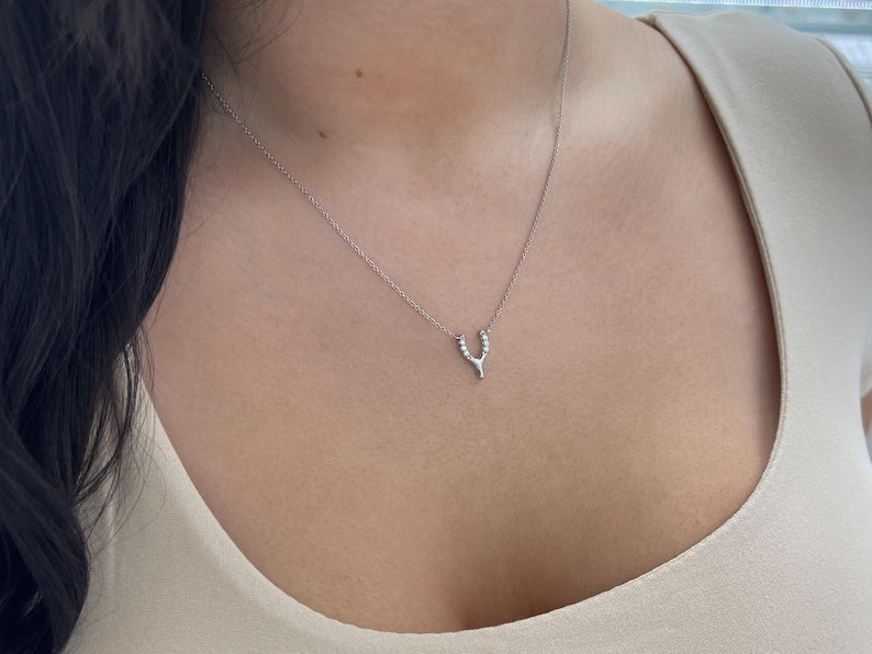 14K white gold Y-shaped horse shoe diamond pendant necklace with 0.10tcw diamonds from Colombian Emerald, elegant jewelry accessory.