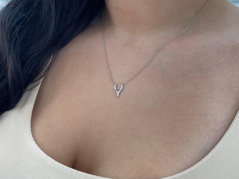 14K gold Y-shaped horse shoe diamond pendant necklace with white gold finish, featuring 0.10tcw diamonds from Colombian Emerald.