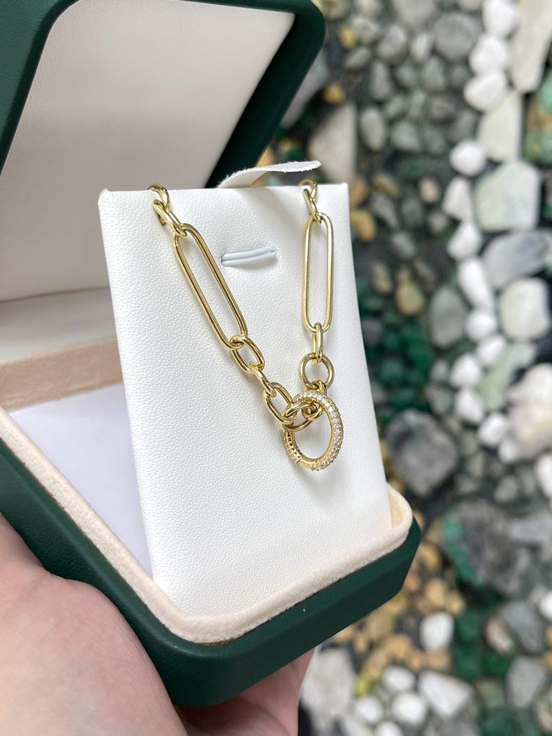 14K Gold Natural Round Cut Diamond Cluster Carabiner Extender Oval Shaped Chain Extend Clip - JR Colombian Emeralds