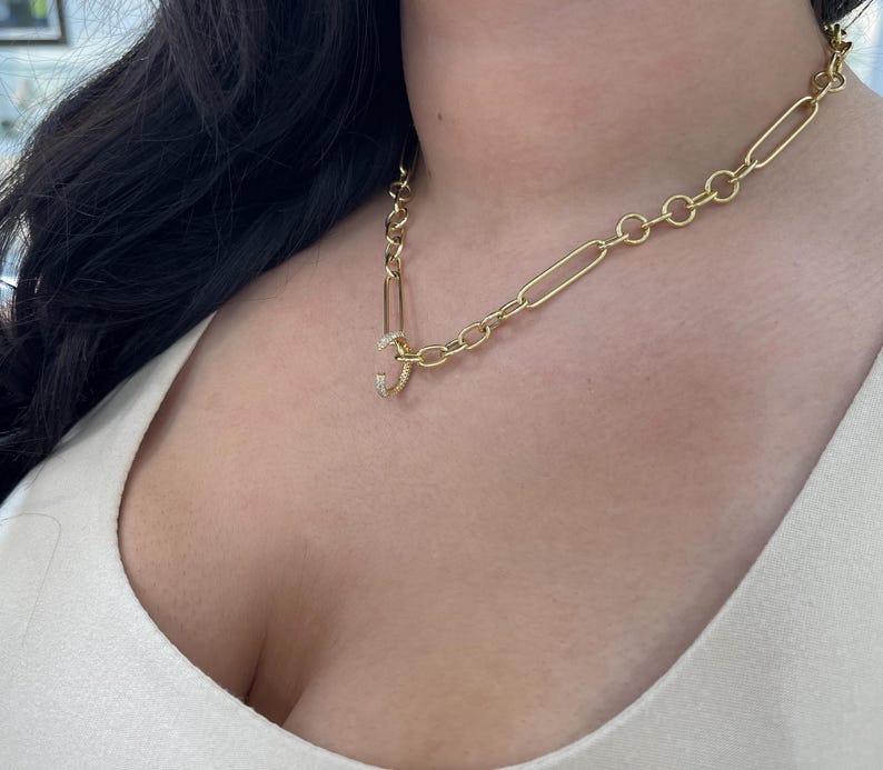 14K Gold Natural Round Cut Diamond Cluster Carabiner Extender Oval Shaped Chain Extend Clip - JR Colombian Emeralds