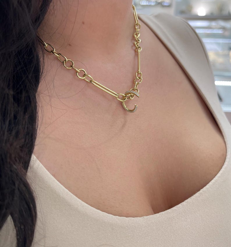 14K Gold Natural Round Cut Diamond Cluster Carabiner Extender Oval Shaped Chain Extend Clip - JR Colombian Emeralds