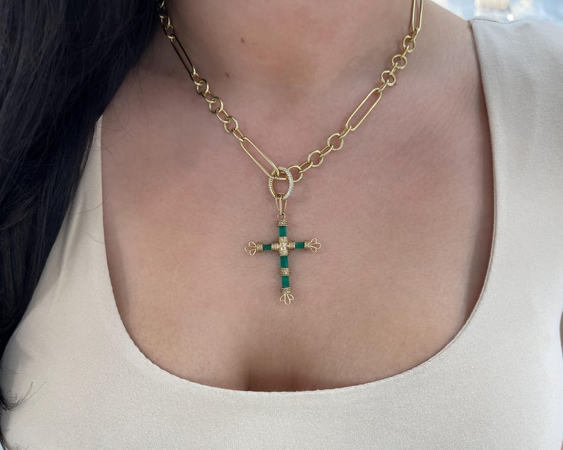 14K Gold Natural Round Cut Diamond Cluster Carabiner Extender Oval Shaped Chain Extend Clip - JR Colombian Emeralds